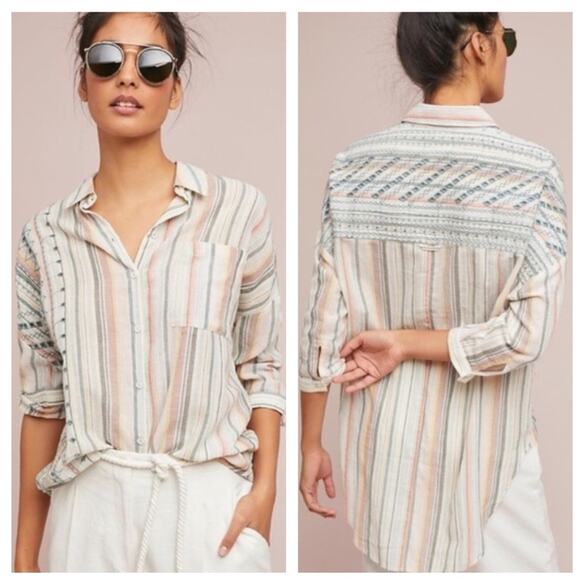 Anthropologie Akemi And Kin Embroidered Striped Button Down Top XS/S Oversized - Picture 1 of 12